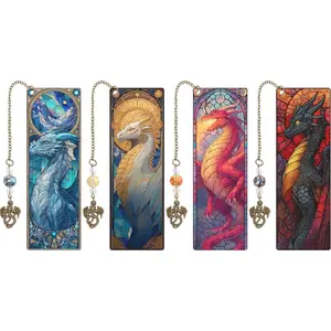 Fantasy Dragon Bookmark Gifts - 4 count Cool Stained Glass Bookmarks for Men Novles Book Lovers Tassels Beaded Page Marks Books Merch Reading Accessories Bookish  for Birthday  to School