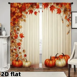 2D Flat 2Pcs Fall Maple Leaves Pumpkin Curtains Autumn Theme Window Treatment Rod Pocket Design Semi Sheer Polyester Fabric Elegant Seasonal Decor Home Decoration Curtain Suitable for Living Room Bedroom Kitchen Study Decoration Anti Privacy