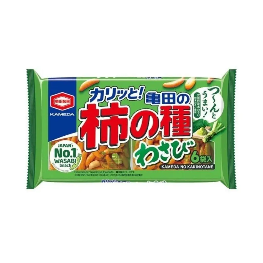 Kameda Seika Savory Wasabi Kaki No Tane Nuts - 27g x 6 Pack, Ambient Pantry Food, Suitable for Adults, Contains Nuts, Peanuts Included, Allergy Information Provided