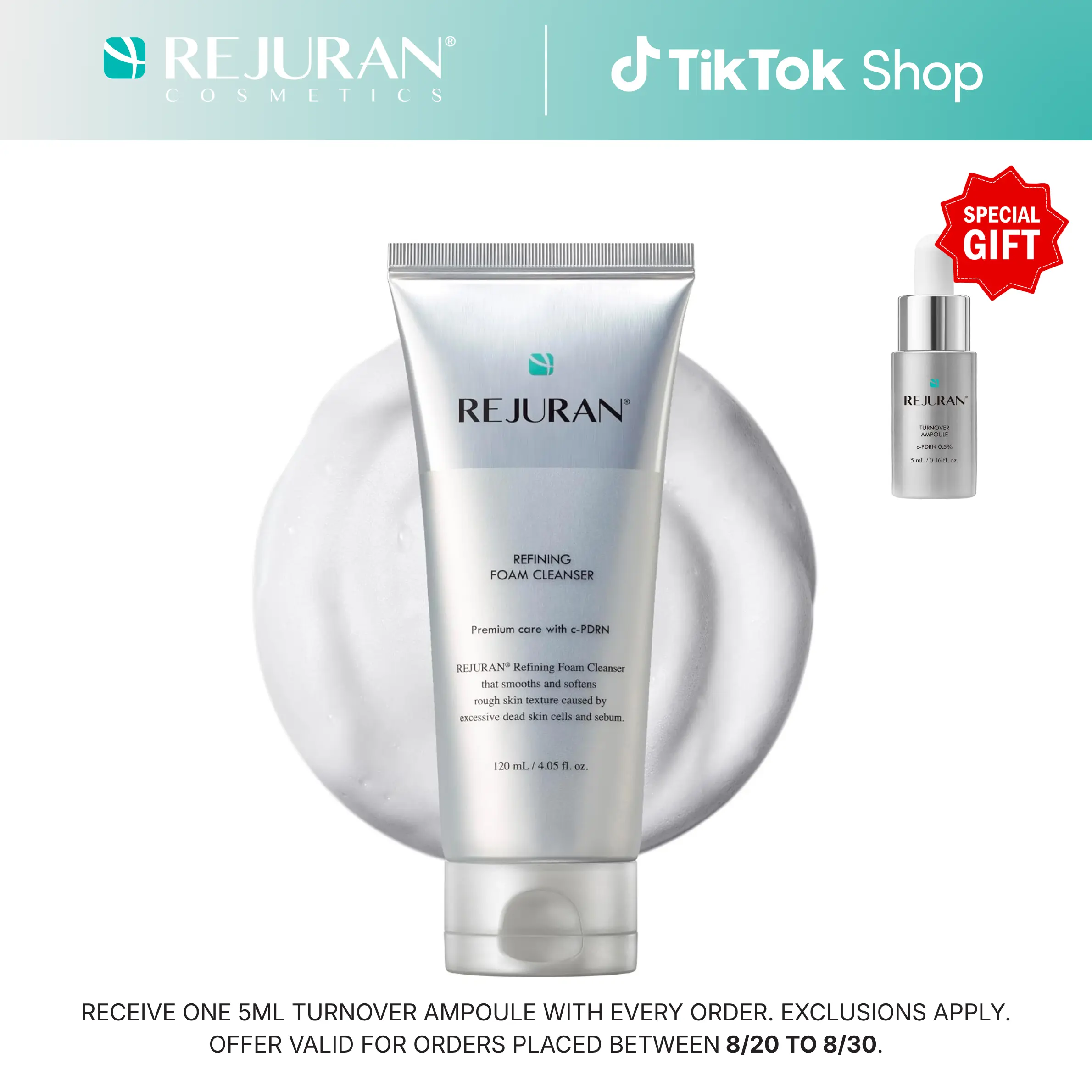 REJURAN Refining Foam Cleanser, c-PDRN – Hydrating & Gentle for Smoother, Clearer Skin, Minimizes Pores & Balances with Hyaluronic Acid & Tanin Complex, Korean Skin Care (4.05 fl oz)