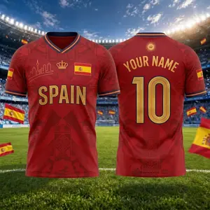 Personalized Spain 2026 Jersey, Custom Name Number Jersey, Red Gold V-Neck Spain Flag Game Day Shirt, Spanish Stadium Fan Jersey, Great Gift for Fans and Players