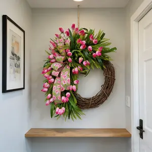 Spring Tulip Wreath, Tulip Print Bow with Dangling Leaves, Easter and Living Room Farmhouse Style Porch Decoration