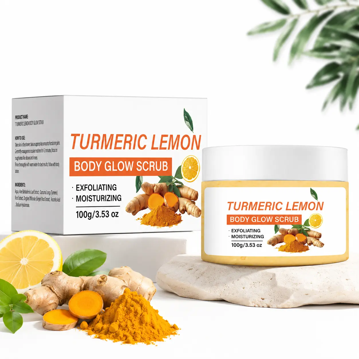 Turmeric Lemon Body Glow Scrub, Natural Exfoliating Moisturizing Skin Brightener Sugar Scrub, Gentle Dead Skin Remover for Dark Spots, Hyperpigmentation, Uneven Skin Tone, Elbows, Knees, Underarms, Face & Whole Body, 100g