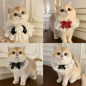 Cute Bow Fairy Cat Saliva Towel Princess Wind Lace Collar Bell Necklace Bib Dog Scarf for Kitten Costumes Clothing