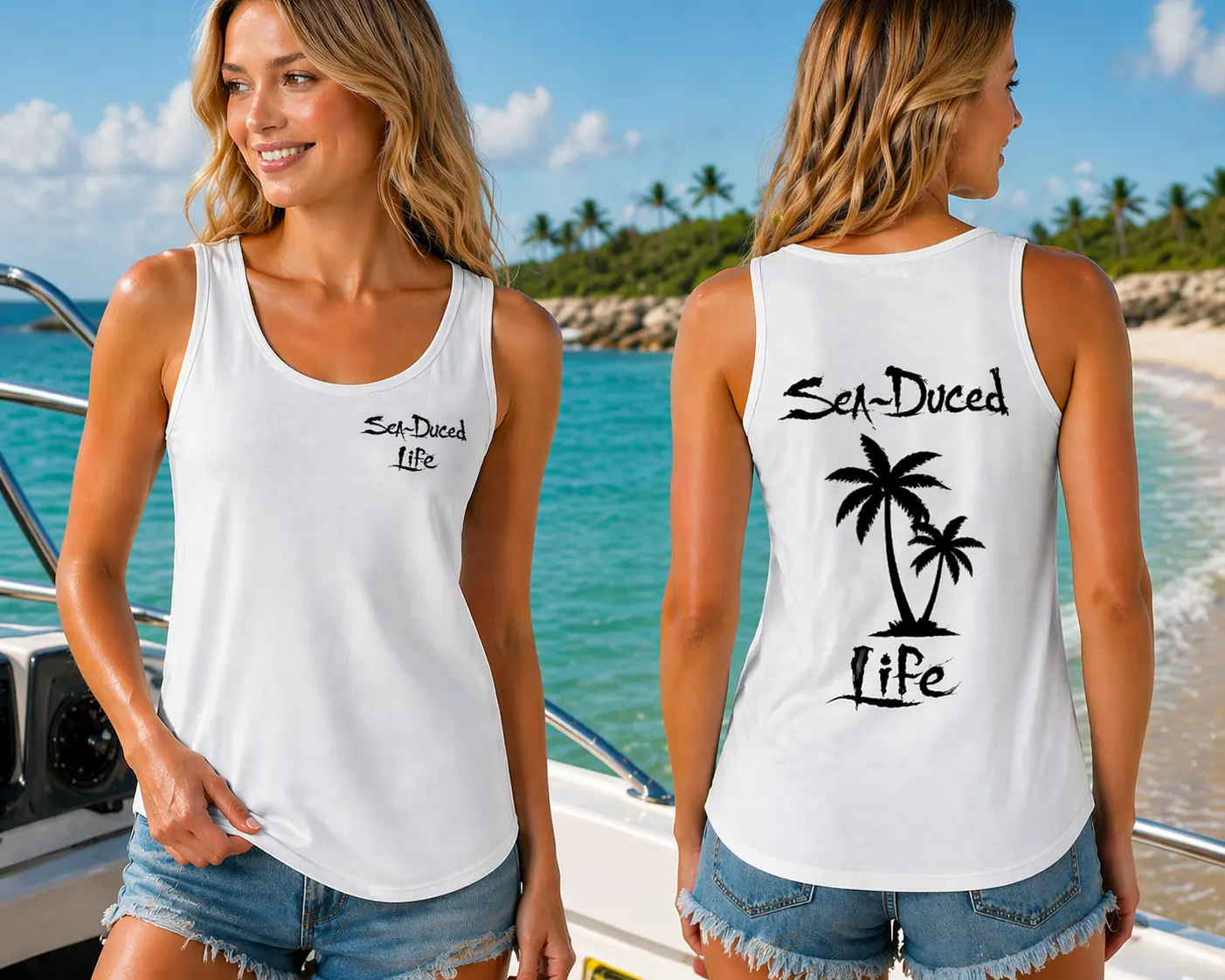 Sea~Duced Life Women's Beach Tank Top | Coastal Palm Tree Graphic Tank | Summer Vacation Beachwear