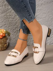 Women's Fashion Pointed Toe Walking Flats, Gold Buckle Decor, Comfortable Casual Shoes for Daily Wear & Leisure Walks, Slip on Flats
