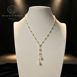 NC64-Twin Blossoms Two Teardrop White Color Pearls Necklace Small Golden Beads Starry Chain S925 Sterling Silver Setting with Natural Freshwater Pearls Necklace