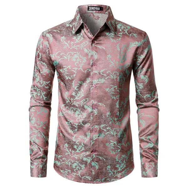 Hi-Tie Men's Luxury Look Floral Jacquard Dress Shirt, Soft Satin Fabric Button Down, Long Sleeve for Party & Wedding