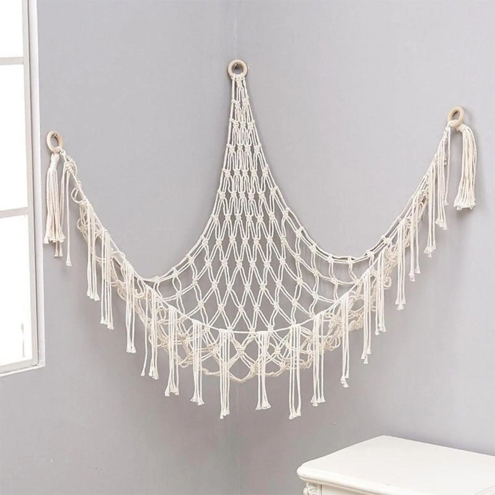 39x39x60in Handwoven Cotton Rope Storage Basket - Wall-Mount Corner Hanging Triangular Organizer with Durable Elastic Edges Grip Toys, Boho Bedroom Storage for Decoration