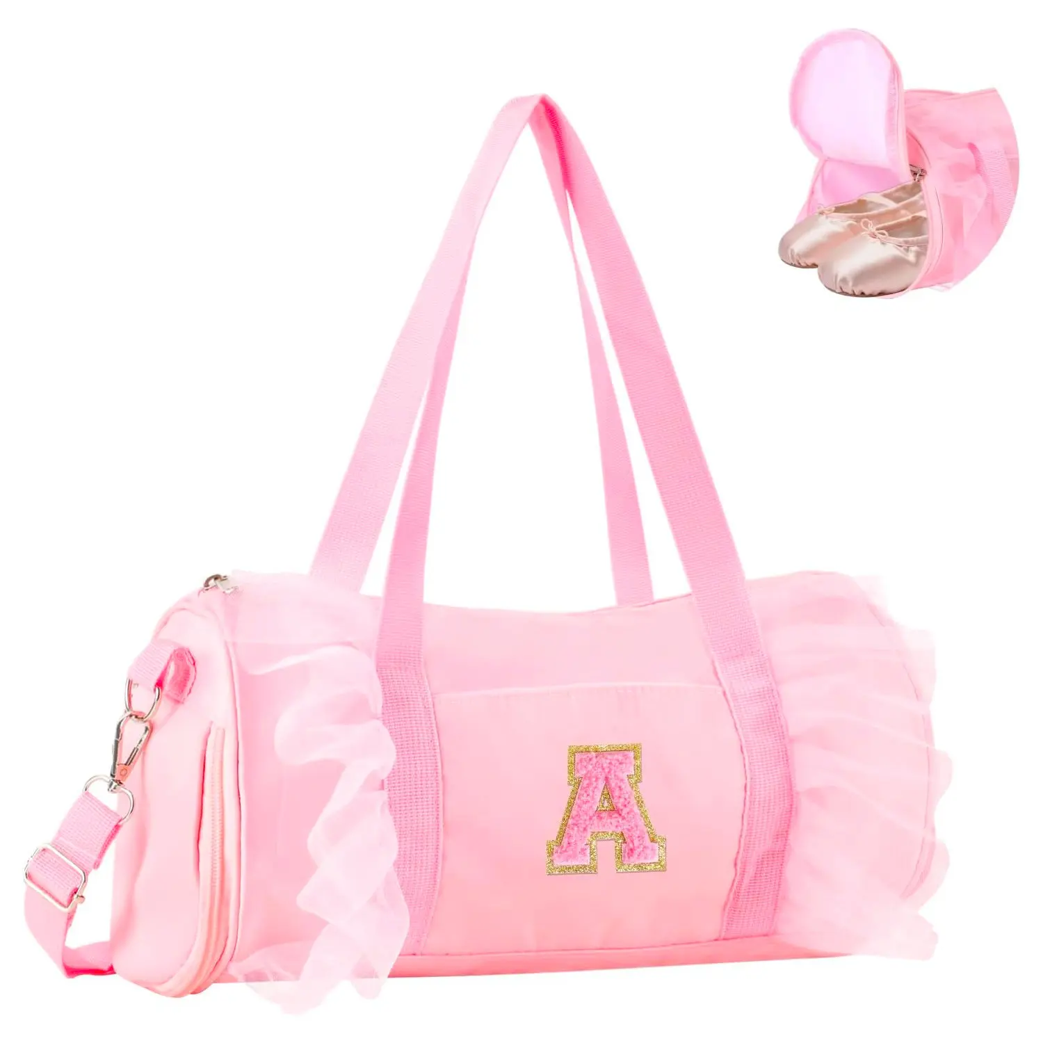 Girls Pink Ruffle Dance Duffle Bag With Chenille Letter Patch, Detachable Adjustable Shoulder & Crossbody Strap, Large Capacity Dance Accessory Bag For Ballet, Latin Dance And Daily Short‑Trip Use