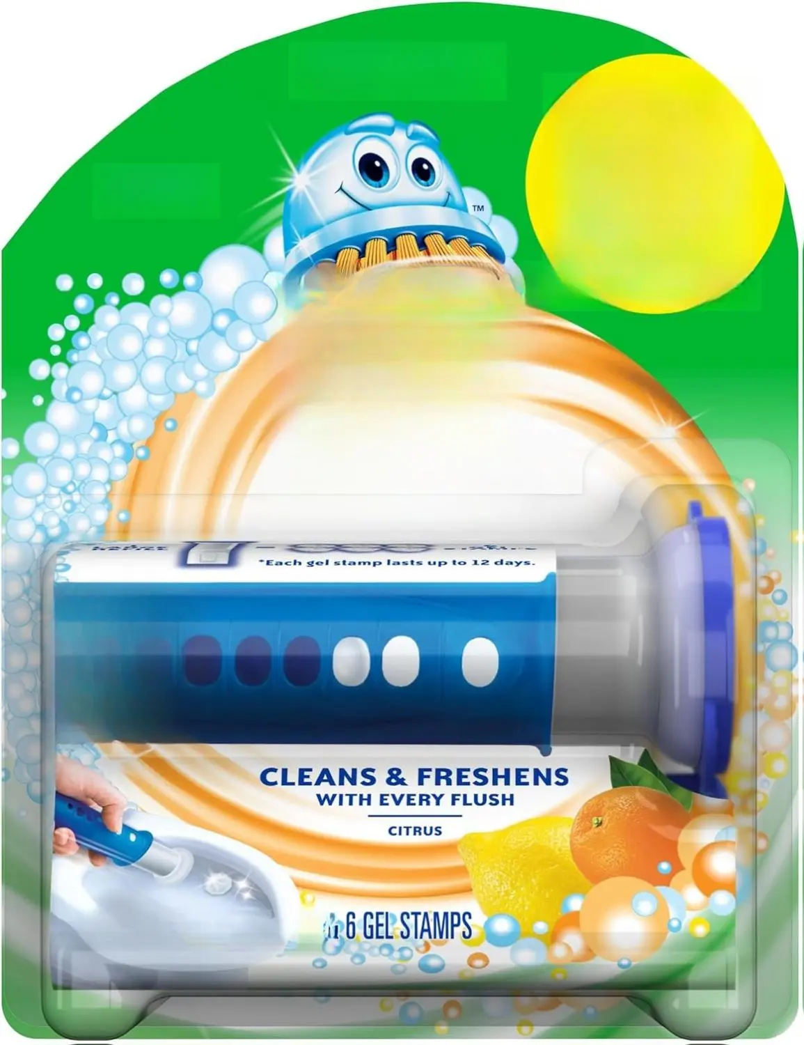 Scrubbing Bubbles Fresh Gel Toilet Bowl Cleaning Stamps, Helps Keep Toilet Clean and Helps Prevent Limescale & Rings, Citrus Scent, 1 Dispenser with 6 Fresh Gel Stamps