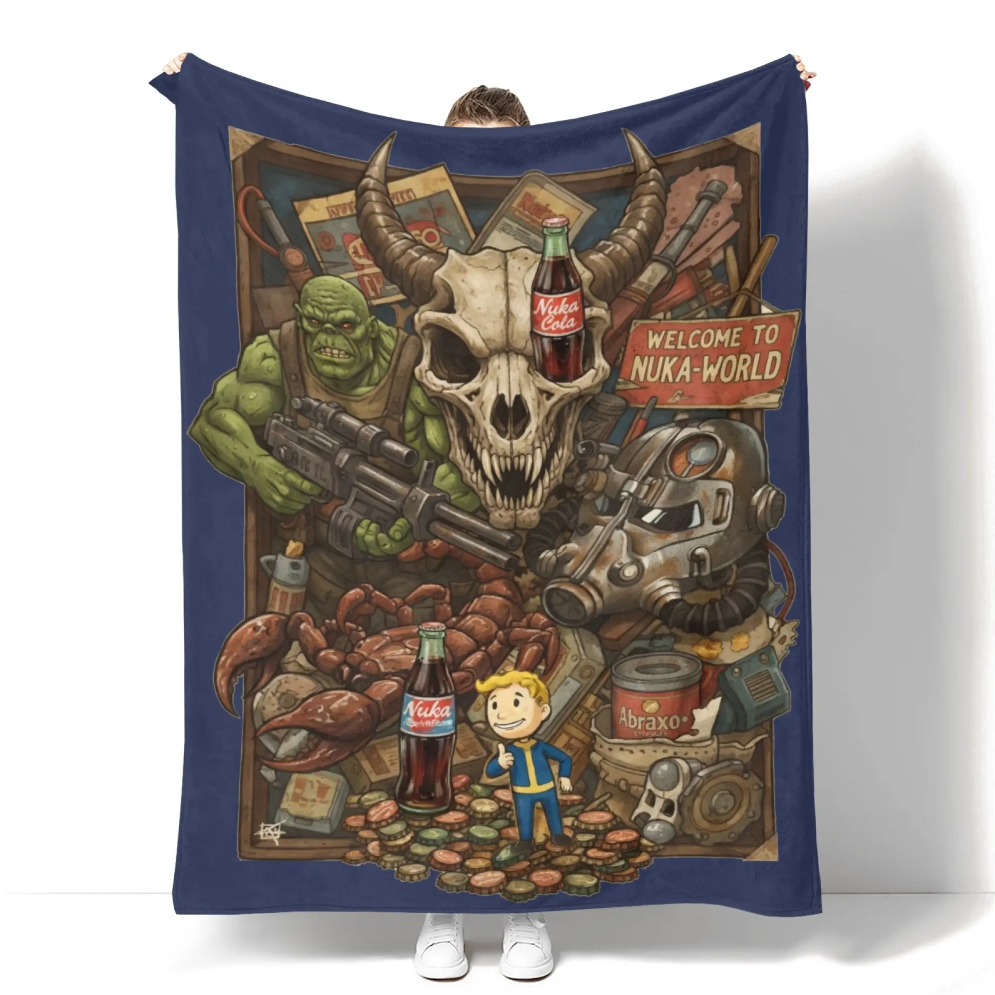 Fallout Themed Flannel Throw Blanket - Character Art Design with Retro Game Monsters Deathclaw, Super Mutant, Radscorpion - Sofa, Office Use - Perfect Gift for Fans, Throw Blankets, Blanket Throw