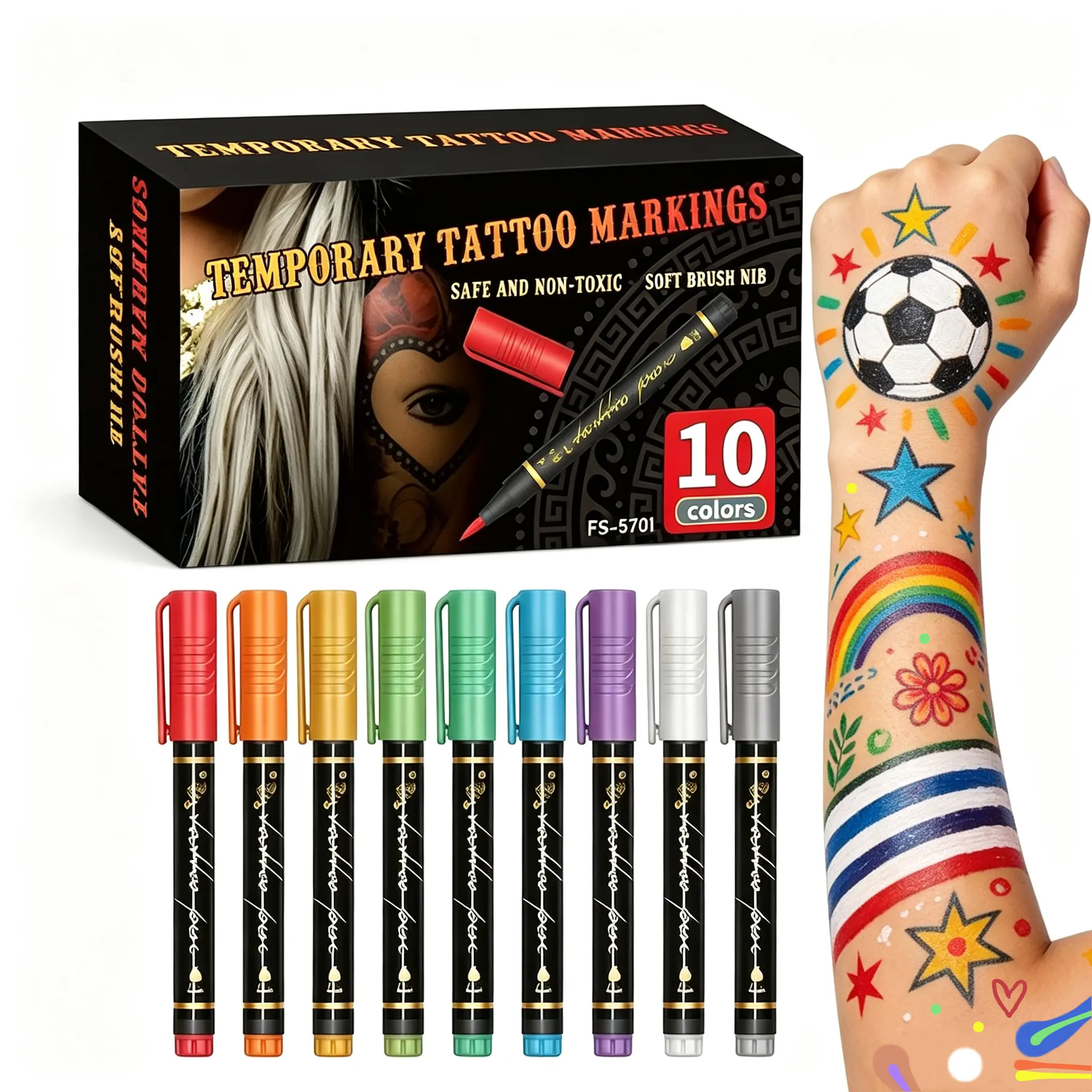 Temporary Tattoo Markers for Skin, 10 Count Body Markers+Tattoo Stencils, Flexible Brush Tip, Bright colors, Face Paint Kit Cosmetic Quality,Halloween makeup, Perfect Christmas Gifts