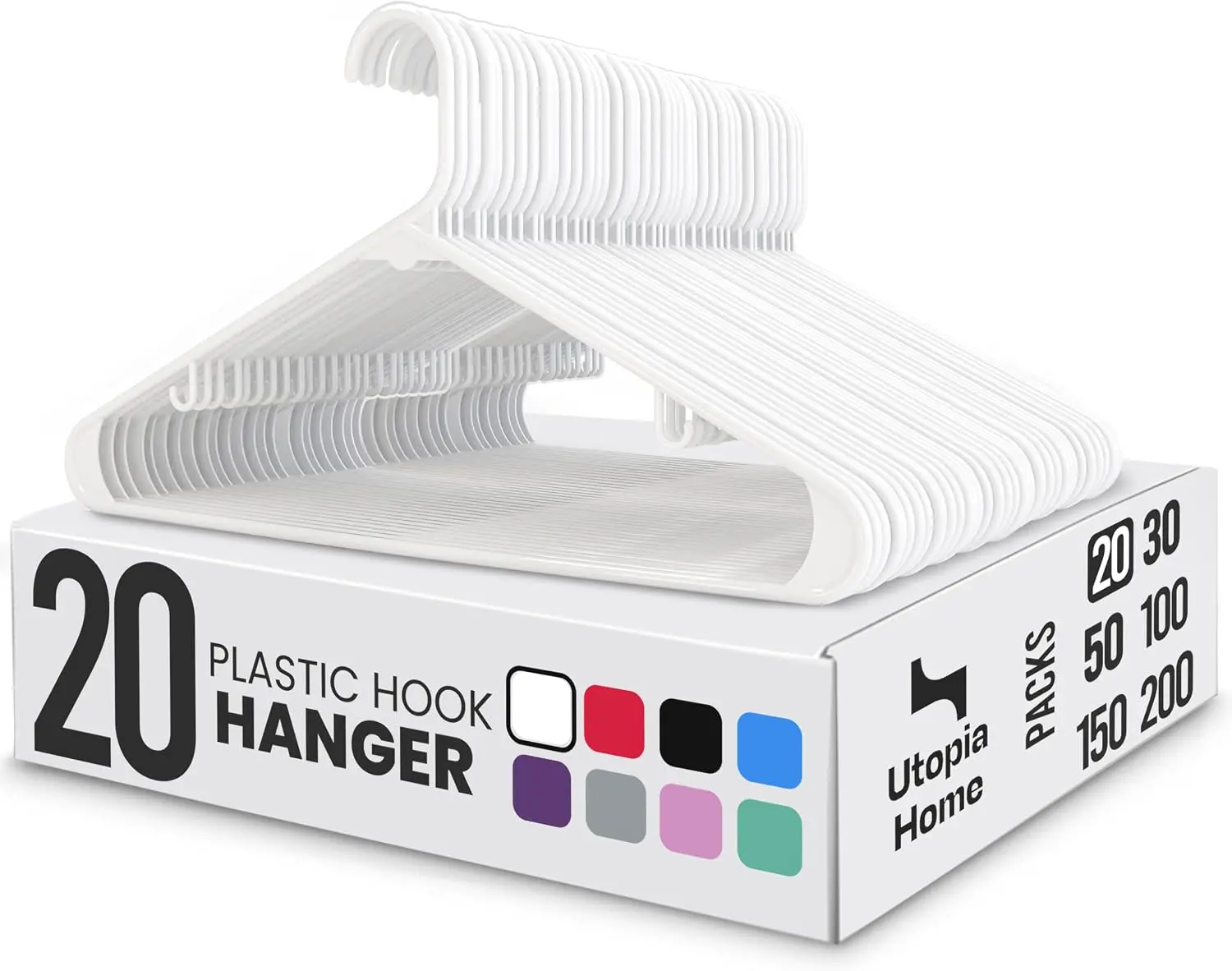Plastic Hangers 20 Pack – Built-in Strap Hooks White | Space saving | Durable & strong | Closet organizer | Clothes hangers | Ideal for shirts, pants, skirts & coats