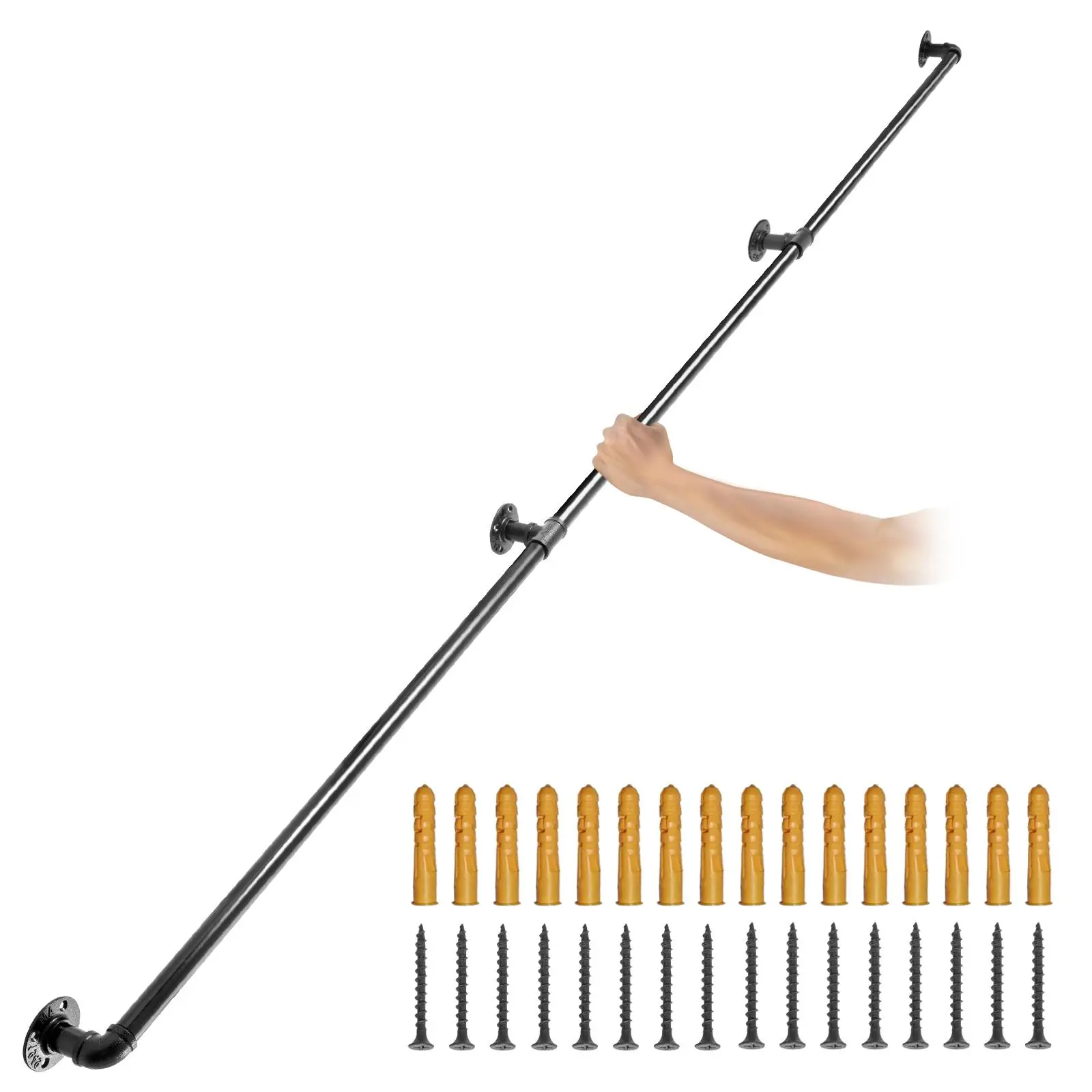 【DealsForYouDays】VEVOR Pipe Stair Handrail, 10FT Staircase Handrail, 440LBS Load Capacity Carbon Steel Pipe Handrail, Industrial Pipe Handrail with Wall Mount Support, Round Corner Wall Handrailing for Indoor, Outdoor