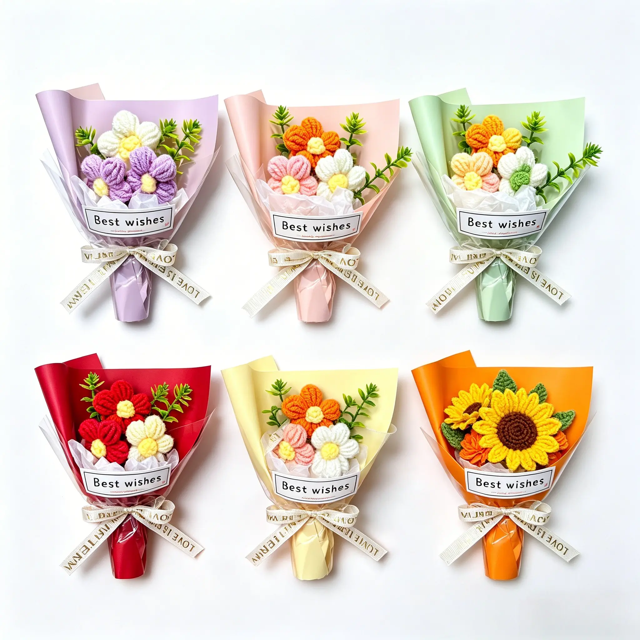 6pcs Handmade Crochet Mini Flower Bouquet, Artificial Sunflower Bouquet, Floral Gift for Birthdays, Graduations & Emotional Support, Spring & Summer Decor, Decorative Artificial Flowers Bouquet