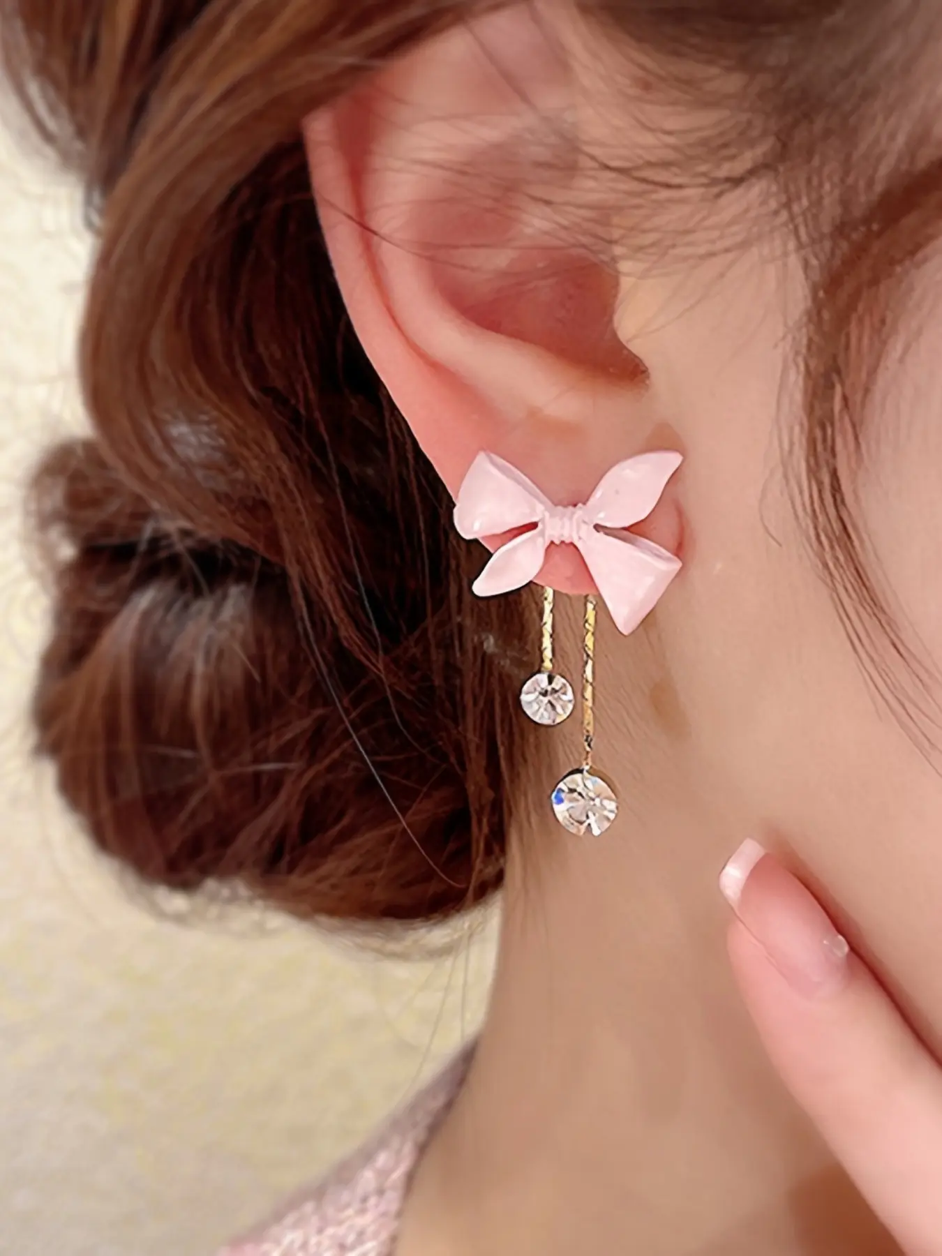 Vintage Simple Pink Bowknot Stud Earrings with Rhinestone Accents and Tassel Detail,  Fashionable Cute Jewelry for Women, Suitable for Daily and Party Occasions, High Quality Shining Earrings