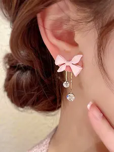 Vintage Simple Pink Bowknot Stud Earrings with Rhinestone Accents and Tassel Detail,  Fashionable Cute Jewelry for Women, Suitable for Daily and Party Occasions, High Quality Shining Earrings