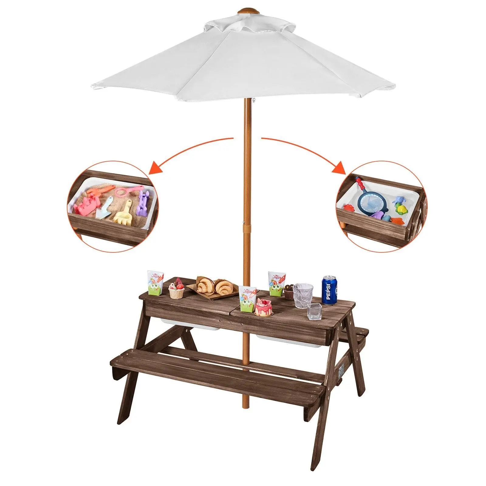 【Summerfinds】VEVOR Kids Picnic Table with Umbrella,  3-in-1 Sand & Water Table, Outdoor Wooden Table and Bench Set with 2 Trays, 4-People Patio Dining Furniture for Garden, Backyard and Porch (Walnut)