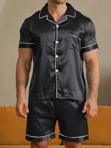Men's Sleepwear Set Summer Short Sleeve Shorts Shirt Collar Pure Color Soft Home Clothing, 2 Piece Casual Loungewear Pajama Set
