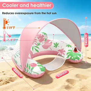 Inflatable Pool Chair Float with Adjustable Canopy Adult Water Lounge Float with Sun Shade Cup & Phone Holder Portable Leisure Floating Chair for Pool Beach & Outdoor Water Relaxation 44in x 32in x 24in
