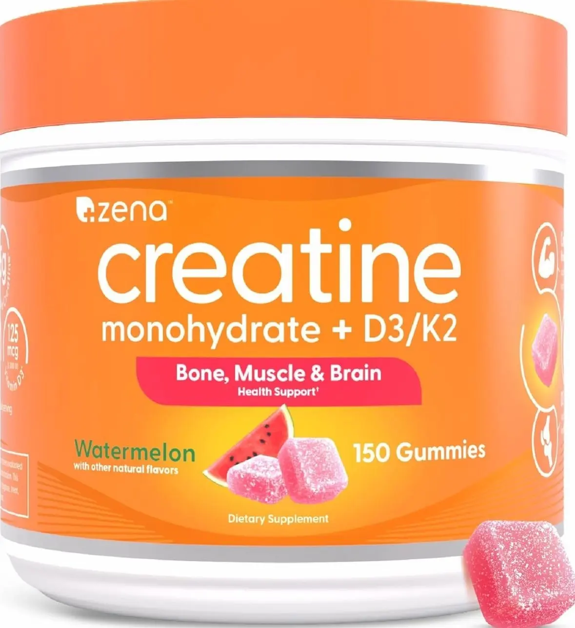 Zena Nutrition Creatine Gummies with D3 & K2, Creatine Monohydrate for Men and Women, Supports Bone, Muscle, & Cognitive Health, Gummy Workout Supplement, Watermelon Flavor, 150ct, 30 Daily Servings
