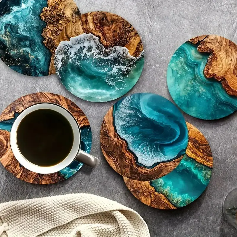 6pcs Oceanic & Tropical Aesthetic Wooden Texture Coasters, Coaster Set, Tableware, Insulated Heat-Resistant Mats, Perfect for Cafes, Offices, Kitchens, Restaurants