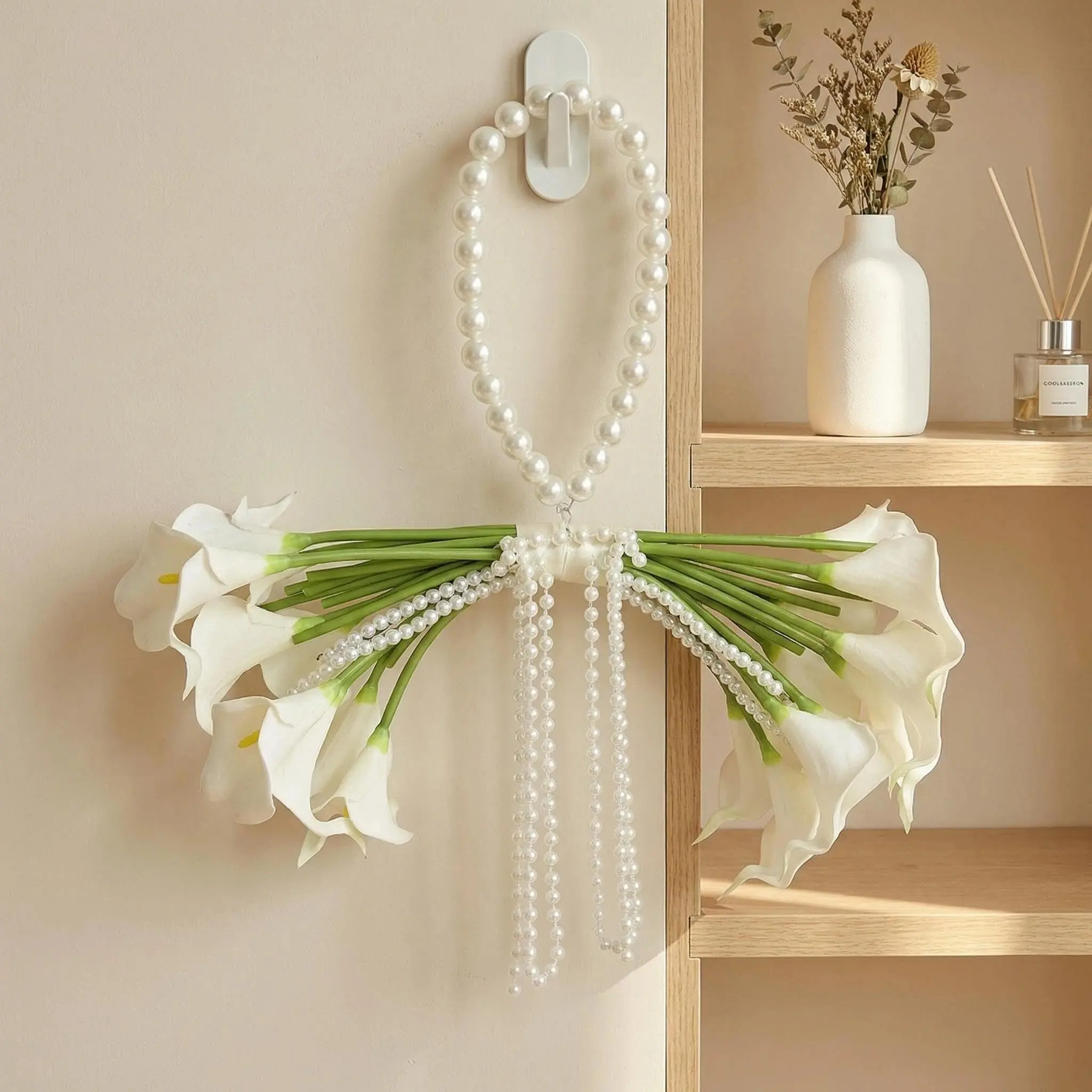 Silvanest 20-Piece White Calla Lily Bridal Bouquet with Pearl Arch Handle & Hanging Pearls, Faux Wedding Flowers for Bride & Bridesmaid