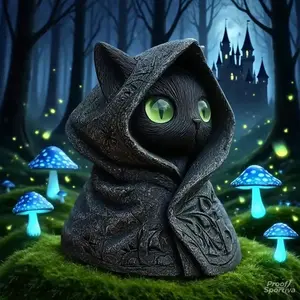 Gothic Black Cat Statue with Detailed Hooded Cloak & Expressive Emerald Eyes Mini Resin Figurine Perfect for Halloween and Cat Lovers Decor