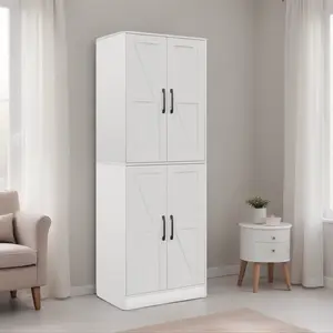 Kitchen Pantry Cabinet with 2 Adjustable Shelves & Barn Doors Freestanding Storage Cupboard for Dining Room Living Room Modern White Chest