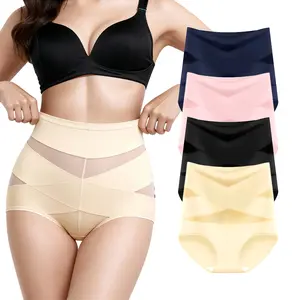 Women's Sheer Sexy High-Waisted Cotton Underwear Firm Control Stomach Girdle Compression Panty Pack Minimalist Plus Size