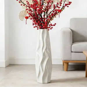 White Ceramic Floor Vase Modern Minimalist Pottery Vases for Pampas Grass Eucalyptus Faux Flowers 17.7" 24" 28" Sculptural Texture Decorative Vase for Living Room Gallery