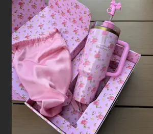 Tumbler, Pink Floral Insulated Stainless Steel Cup With Handle, Heat & Cold Retention Travel Mug 40oz Ibiza Sunset