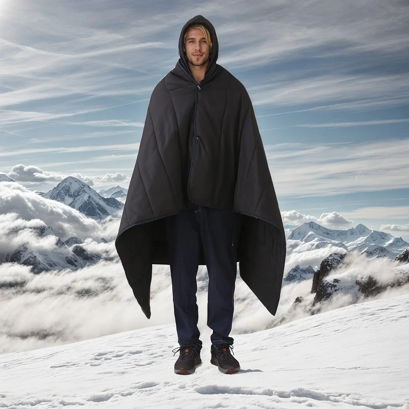 2-In-1 Outdoor Blanket Waterproof & Windproof, Wearable Camping Blanket with Hood & Button, Lightweight Travel Blanket, Camping Equipment, Camping Supplies, Suitable for Backpacks, Hiking, Beaches, Picnics, Includes Storage Bag