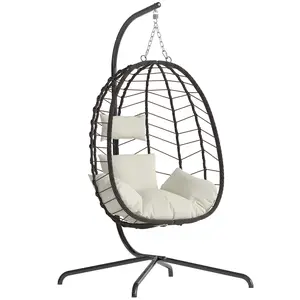 Hanging Egg Chair with Stand – Handwoven Rattan Patio Swing with Cushion, 350lb Capacity – Indoor/Outdoor Chic for Patio, Garden & Poolside