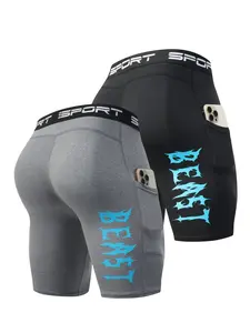 2 Pack Men's Compression Shorts with Phone Pocket, Quick-Dry & Breathable Tight Fit Gym Base Layer Underwear, Fashion Print Workout Leggings Running Athletic Shorts