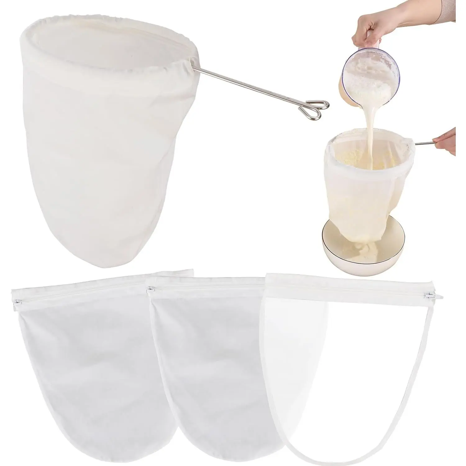 5 count  Ultra Fine Mesh Strainer Bags with Stainless Steel Handle,  Nut Milk Bags, Cheese Cloths for Straining Juice, NutMilk, Coffee, Thai , Yogurt and Soup (Small)