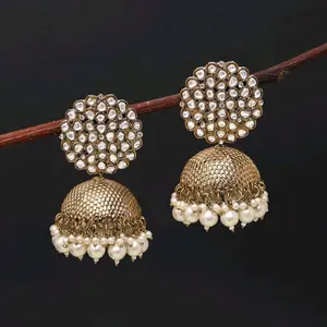 Kundan Jhumka Earrings - Gold-Tone Design with Kundan Stones and White Imitation Pearls, Elegant and Traditional Style