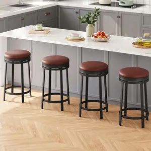 GARVEE Swivel Bar Stool Set of 4, 24.4" Counter Height Bar Stool with Upholstered PU Leather Cushion, Round Backless Kitchen Barstool with Metal Frame for Kitchen Home Bar, Brown