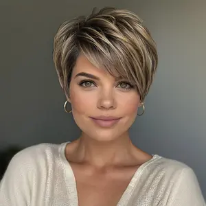 Fashion Women'S Natural Look Human Hair Wig - Glueless No-Maintenance Pixie Cut with Bangs, 180% Density High Density, Rose Net Cap for Secure Fit, Machine-Made Salon Quality Hairpiece for Everyday & Formal Events, Short Hair Wig, Versatile Hairpiece, Sle