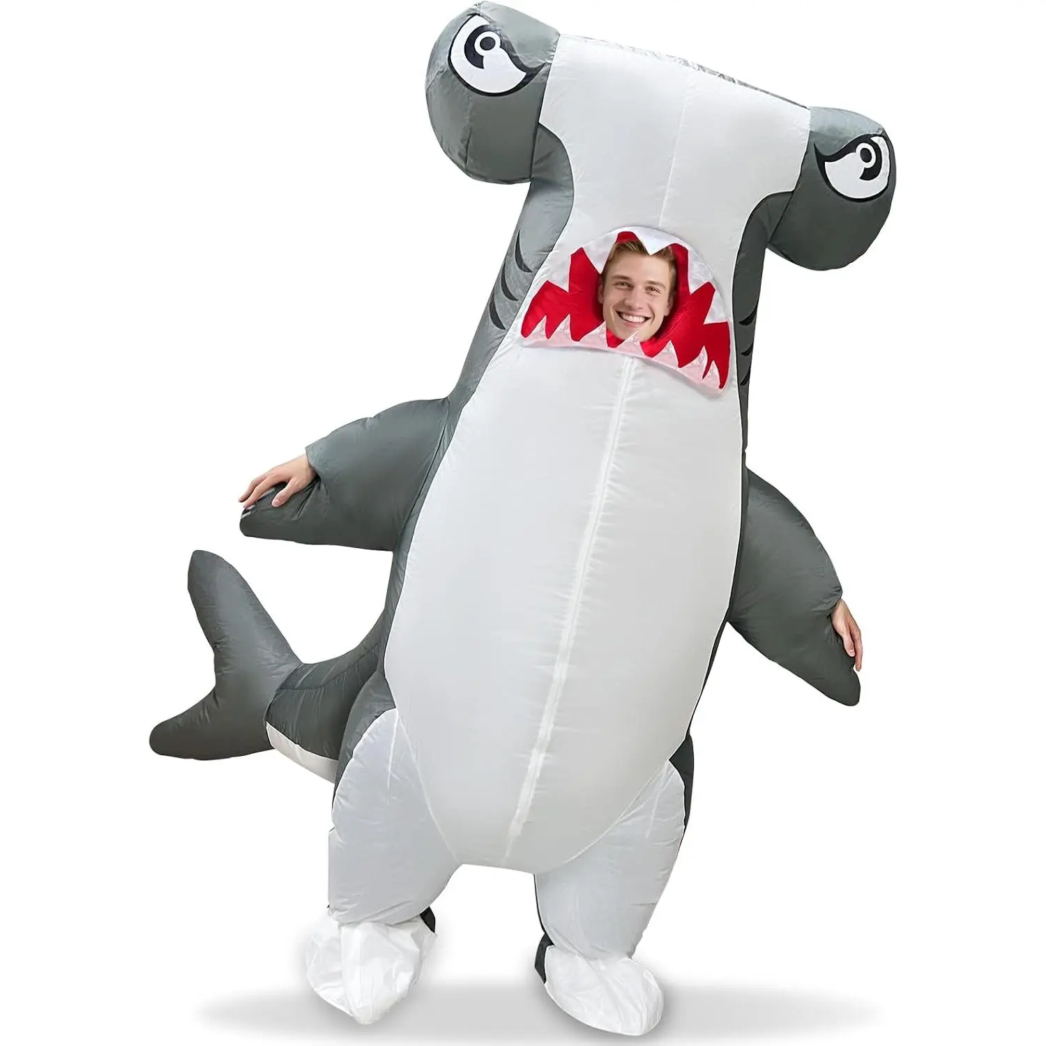 Halloween Inflatable Hammerheads Shark Costume for Adult Cosplay Party | Open-Face Design, Dual Power (USB/AA). Waterproof Polyester with Elastic Cuffs, Quick Inflate & Compact Storage for Parties