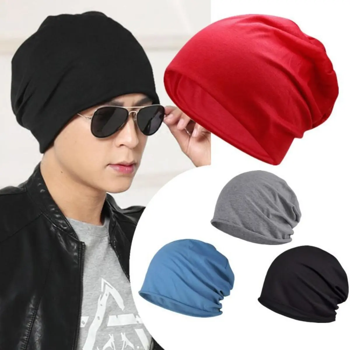 4-Pack Unisex Lightweight Slouchy Beanie - Cotton Blend, Double-Layered, Soft Texture, Oversize Thin Skull Cap for Motorcycle Riding, Winter Hijab, All-Season Use (Motorcycle Protective Gear), Hand Wash, Outdoor Wear