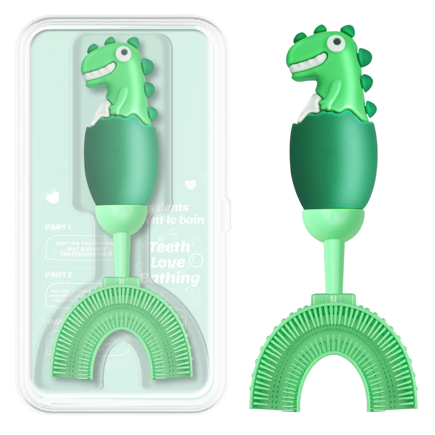 Manual U Shaped Toothbrush for Kids Ages 2 7， Soft Food Grade Silicone for Sensitive Gums， 360° Teeth Cleaning Design，Training & Travel Friendly Toddlers' Toothbrush (Green)