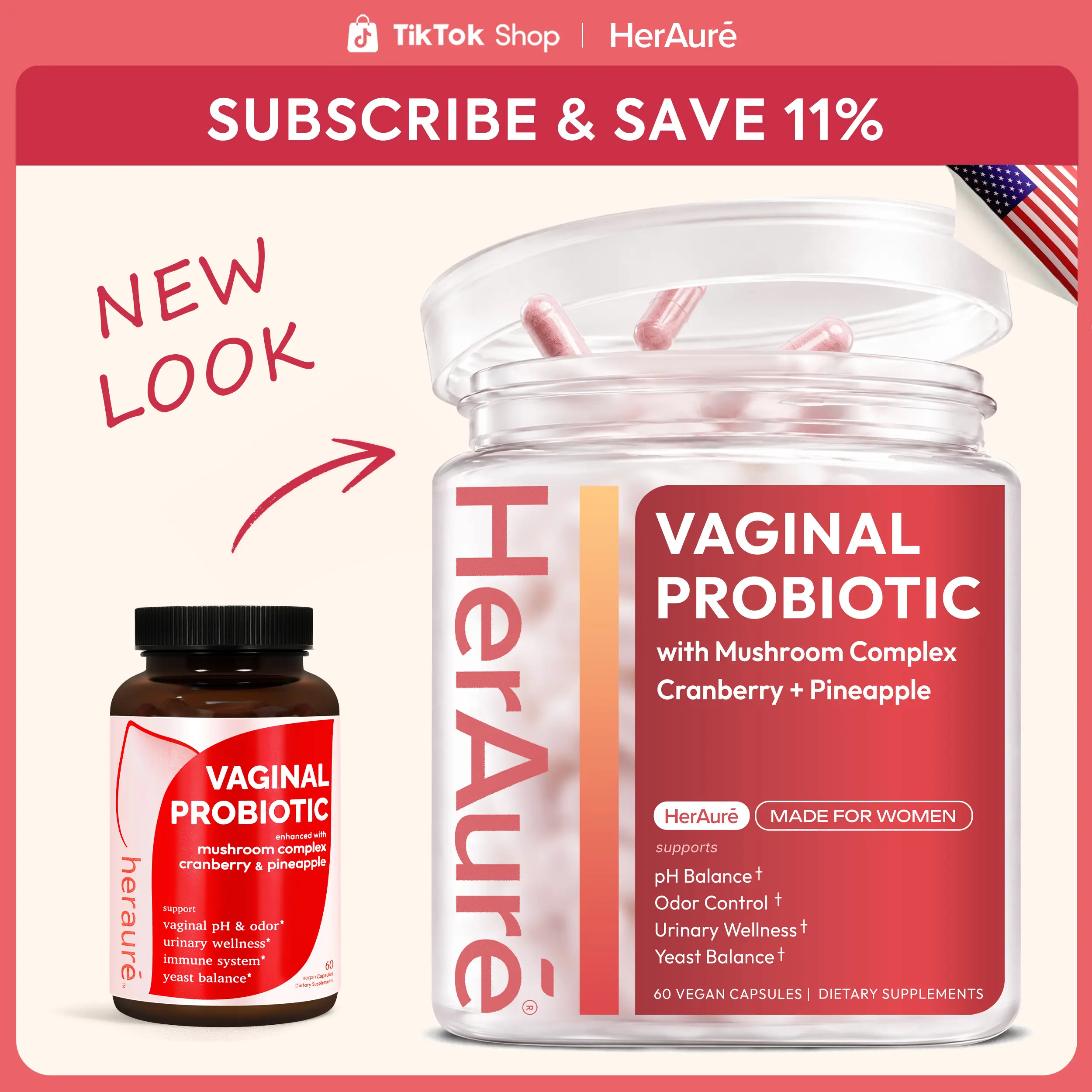 HerAuré Women’s Probiotics - pH Balance, Odor Control, Flora Health - 7 Billion CFU Probiotic, Prebiotic, 7-in-1 Mushroom Blend, Cranberry, Pineapple - 60 Capsules, Self-Care Gift, beach essentials  #sohochic  G