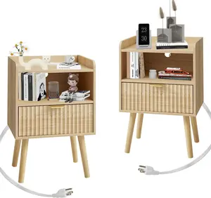 EROMMY 2-Piece Fluted Panel Nightstand Set - 16" Modern Mid-Century Engineered Wood Bedside Tables with Charging Station, Drawer, Storage, Outward Legs, Curved Profile, Easy Assembly, Walnut End Tables for Bedroom