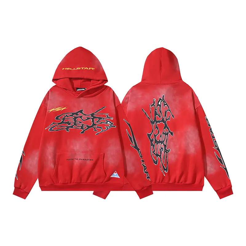 HELLSTAR 100% Cotton Certified Washed Red Hoodie Tribal Gothic Graphic Pullover Y2K Streetwear Standard Fit