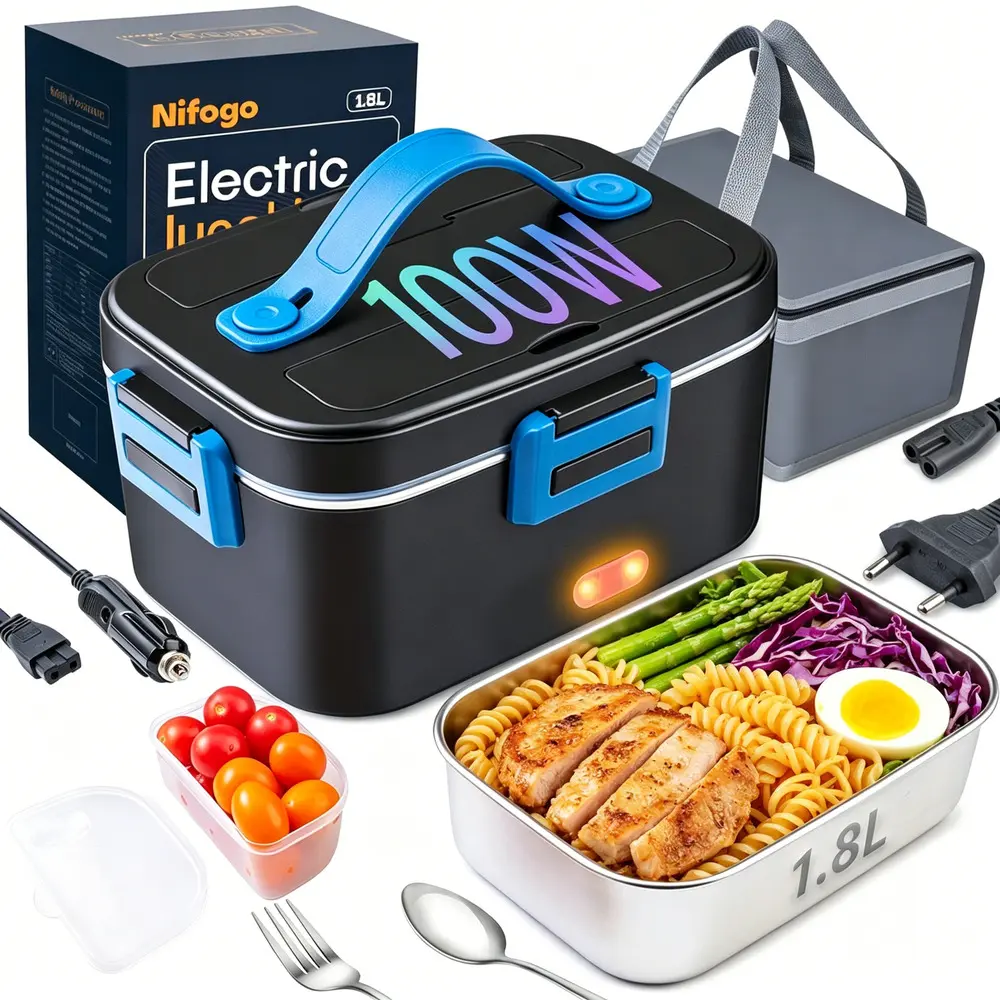 Stainless Steel Heated Lunch Box - Leakproof Bento Box, Rust-Resistant, Wired Power Supply (No Battery), Complete Utensil Kit, for Men, Truck Camping, Campsites, Daily Use Lunchboxes