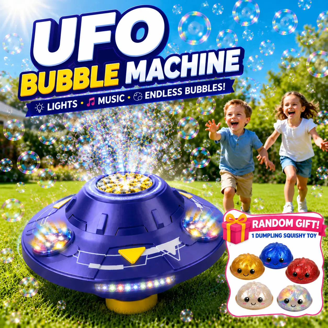 UFO Automatic Bubble Machine for Kids - Bubble Maker with Lights & Music, Assorted Collectible Squishies Gift Set Including Mini Dumpling Slime & Squishy Toys, Outdoor Party Toy, Parties