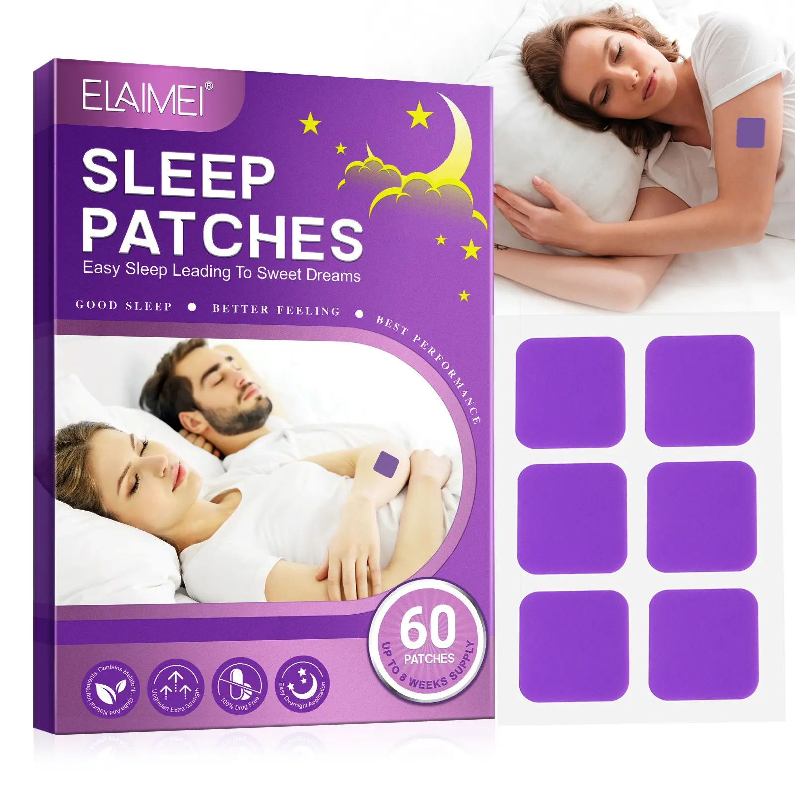 ELAIMEI Extra Strength Sleep Patches 60 Pack - Melatonin & GABA & Lavender Sleep Support, All-Natural Nighttime Relaxation Patches for Adults, Easy to Use Sleep Aid, TikTok Viral Sleep Patches