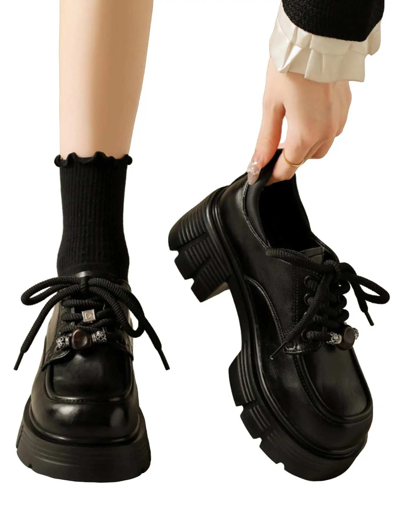 Women's Thick Sole Round Toe Leather Shoes, New 2026 British Style High Heel Single Shoe, Spring & Fall Lace-Up Casual Loafers, Lace Up Oxfords, Closed